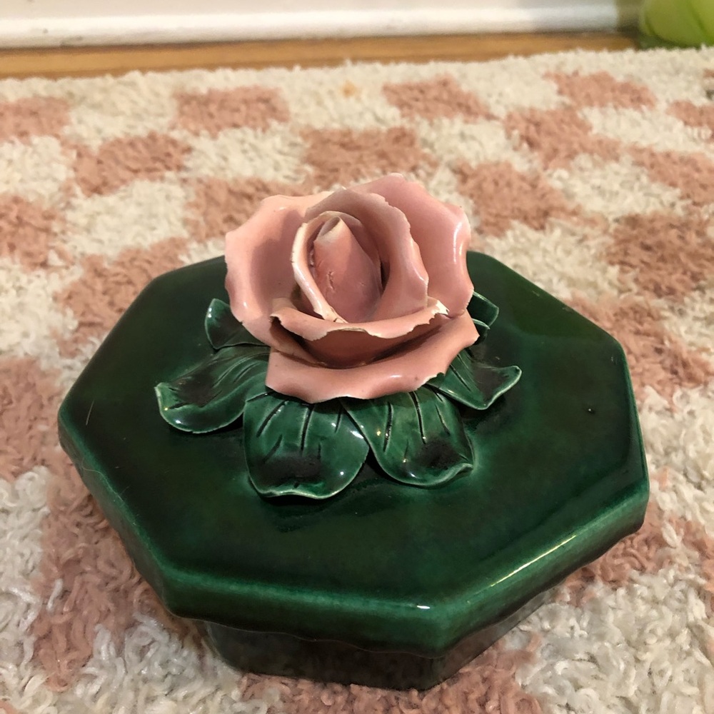 Vintage Green Ceramic Box with Pink Rose Lid